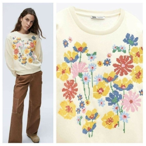 ZARA FLORAL EMBROIDERED Floral SWEATSHIRT Sz S Bloggers Favorite Winter Feminine - Picture 2 of 16